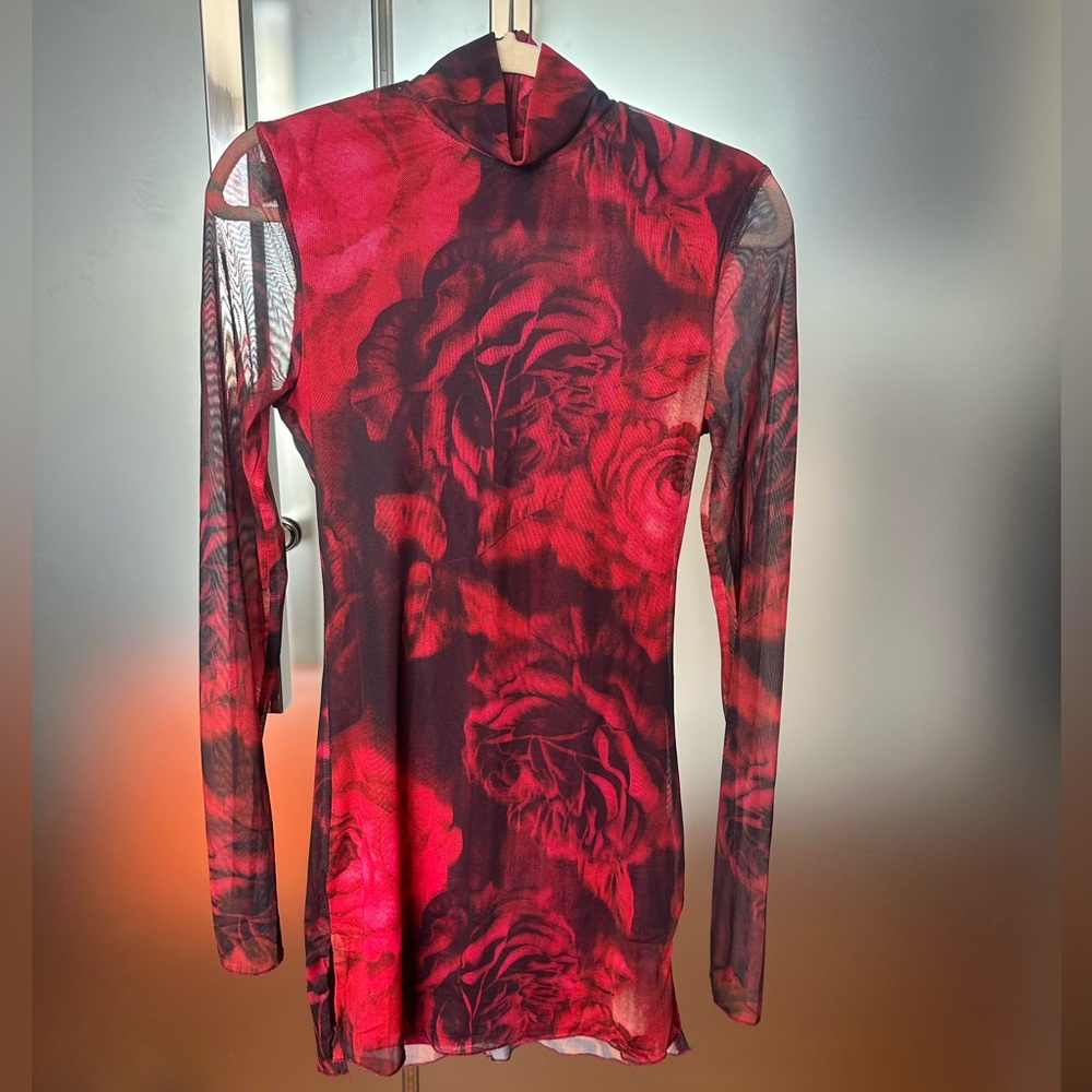 Red Floral Long Sleeve Mini Dress